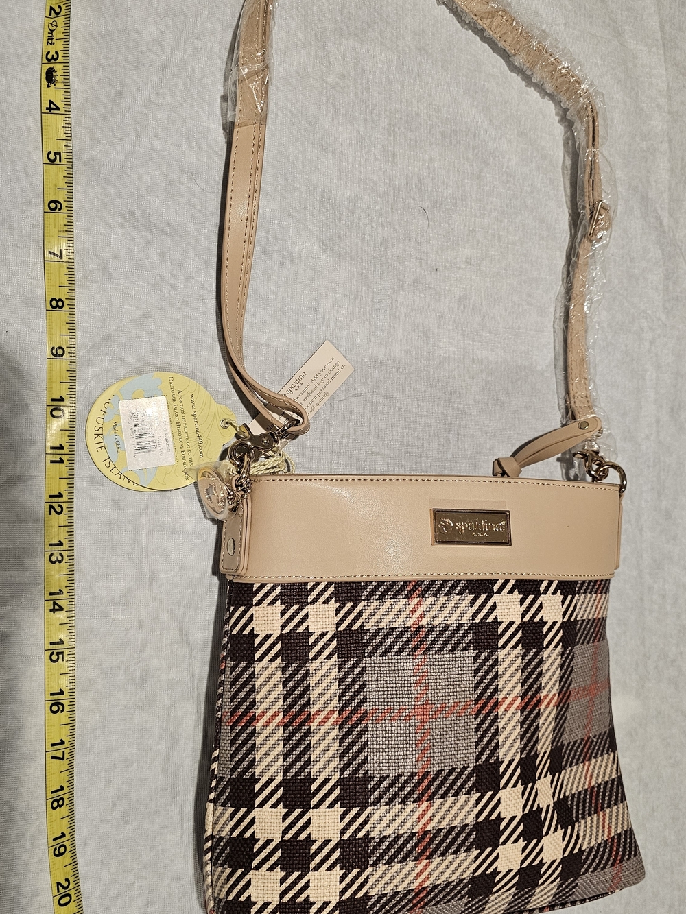 Spartina 449 Plaid Crossbody with Tan Trim and Red Accents - Picture 2 of 4